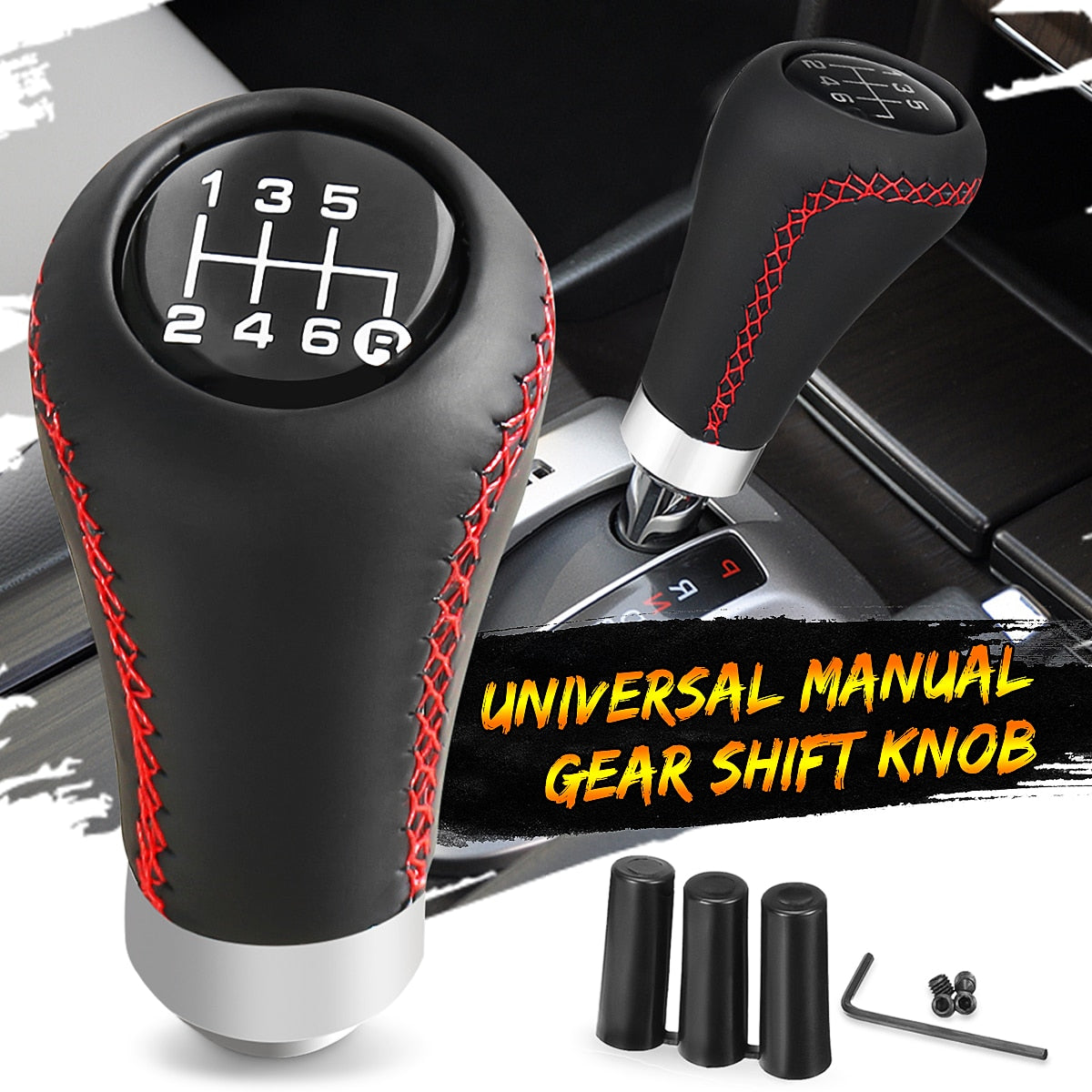 Universal 6 Speed Car Gear Shift Knob Manual Shifter Lever Stick Red Black Stitche PU Leather