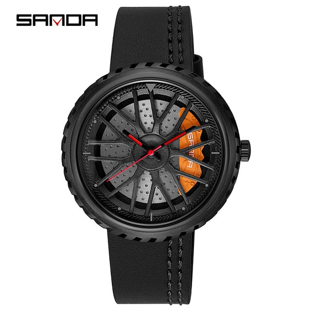 Car Wheel Rim Hub Men Watch Creative Design Male Quartz Black Leather Wrist Watches Waterproof Creative Man Relogio Masculino