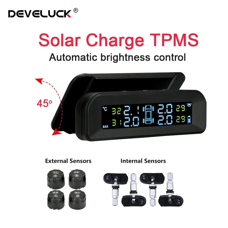 Develuck TPMS Car Tire Pressure Monitor System  Automatic Brightness Control  Solar Power  Adjustable LCD screen Wireless 4 tire