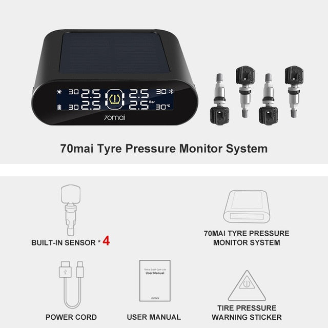 70mai Tire Pressure Monitoring System for Car Mobile APP Control LED Screen Solar Power 4 Sensors 70Mai TPMS Auto security Alarm