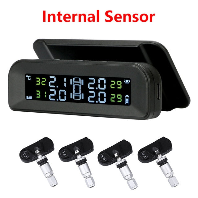 TPMS Car Tire Pressure Monitor System  Automatic Brightness Control Attached to glass wireless Solar power tpms with 4 sensors