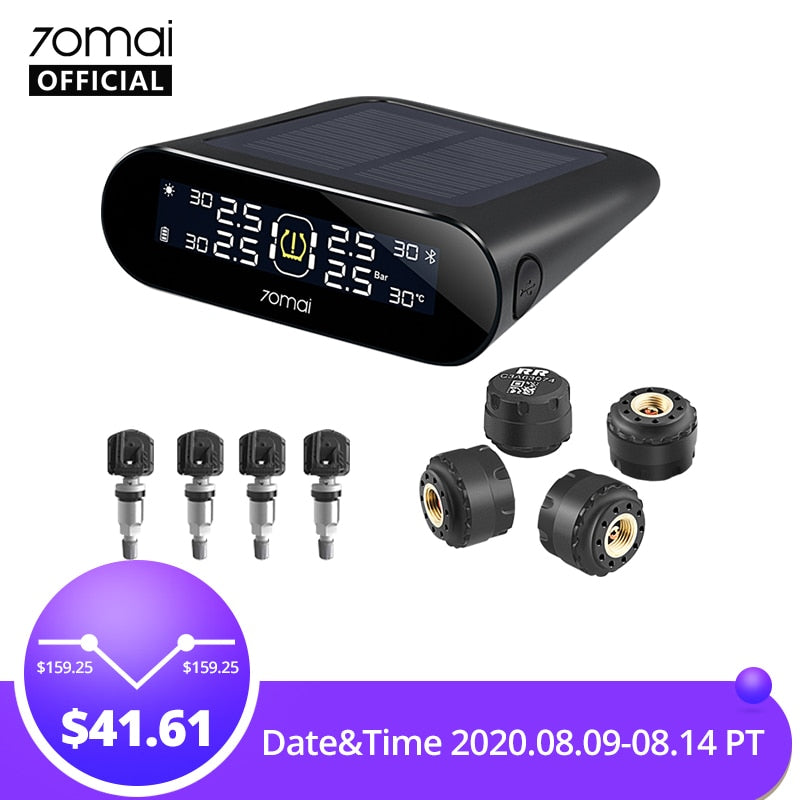 70mai tpms Tire Pressure Monitor System English APP Solar Power USB tpms 70 mai Car Tyre Pressure Sensors System Alarm TPMS Lite