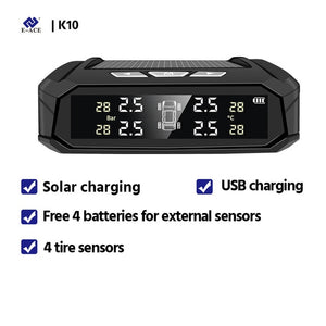 E-ACE K10 Solar TPMS Car Tire Pressure Alarm Monitor System Tyre Temp Digital Display Auto Security Alarm Systems with 6 sensors