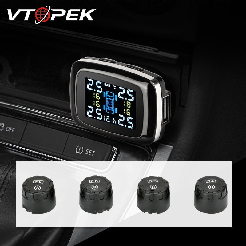 Vtopek TPMS Tire Pressure Monitoring System LCD Car Tire Pressure Alarm System 4 Sensors Cigarette Lighter USB Output